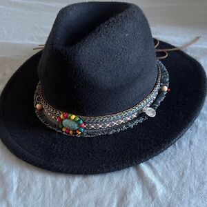 Black Fedora Hat with Multicolor Beaded Band